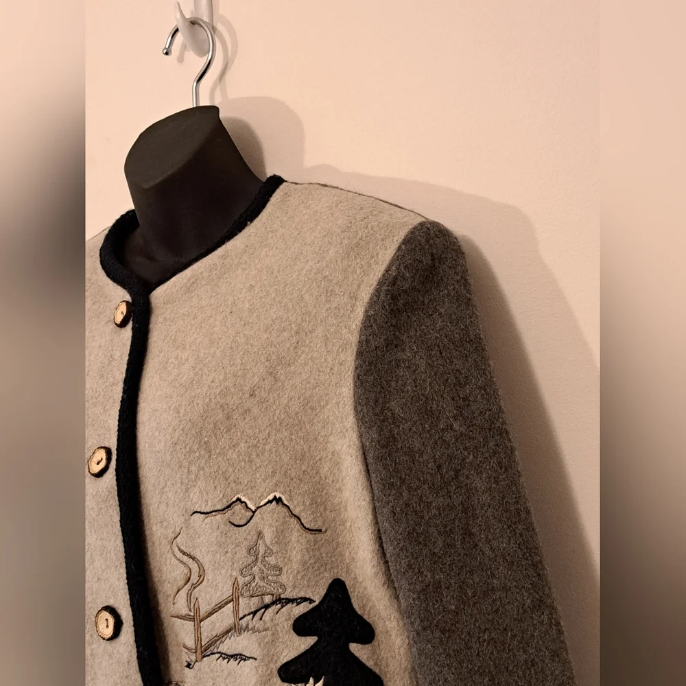 Vintage Meico Landhaus Grey Wool Embriodered Applique Jacket Misses Size 10 - Picture 4 of 10